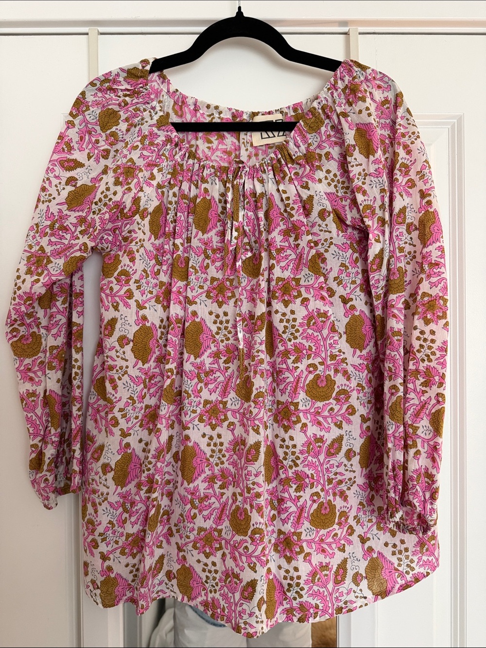Women's Pink Floral Peasant Blouse with Tie Neck